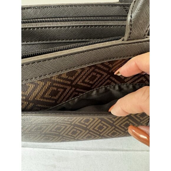 Liz Claiborne Crossbody Bag Top Handle Purse Mocha Brown Geo Print Medium Sized - Picture 13 of 16